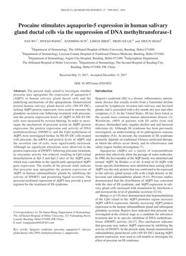 Procaine Stimulates Aquaporin‑5 Expression in Human Salivary Gland Ductal Cells Via the Suppression of DNA Methyltransferase‑1