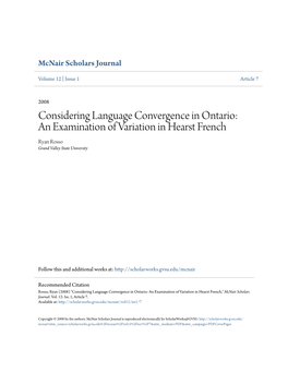 Considering Language Convergence in Ontario: an Examination of Variation in Hearst French Ryan Rosso Grand Valley State University