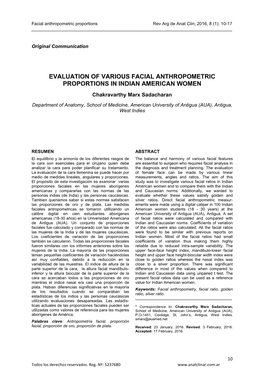 EVALUATION of VARIOUS FACIAL ANTHROPOMETRIC PROPORTIONS in INDIAN AMERICAN WOMEN Chakravarthy Marx Sadacharan