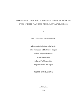 MAKING SENSE of MATHEMATICS THROUGH NUMBER TALKS: a CASE STUDY of THREE TEACHERS in the ELEMENTARY CLASSROOM Under the Direction of William O