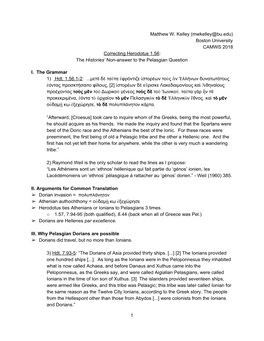 (Mwkelley@Bu.Edu) Boston University CAMWS 2018 Correcting Herodotus 1.56: ​ the Histories’ Non-Answer to the Pelasgian Question ​ ​