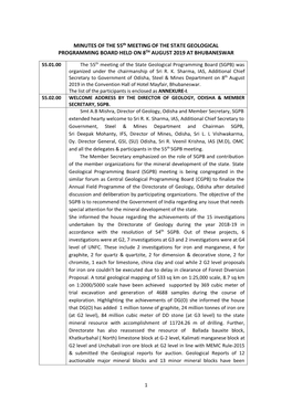 MINUTES of the 55Th MEETING of the STATE GEOLOGICAL PROGRAMMING BOARD HELD on 8TH AUGUST 2019 at BHUBANESWAR