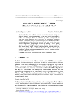 COAL MINING and PREPARATION in SERBIA Milena Kostović 1, Nebojša Kostović 2 and Rade Tokalić1