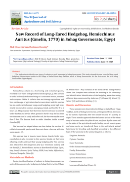 New Record of Long-Eared Hedgehog, Hemiechinus Auritus (Gmelin, 1770) in Sohag Governorate, Egypt