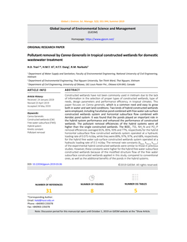 Pollutant Removal by Canna Generalis in Tropical Constructed Wetlands for Domestic Wastewater Treatment