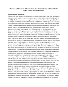 The Status and Occurrence of Common Eider (Somateria Mollissima) in British Columbia