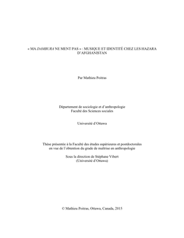 MA DAMBURA NE MENT PAS » : MUSIQUE ET IDENTITÉ CHEZ LES HAZARA D'afghanistan Par Mathieu Poitras Département De Sociolog