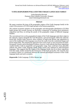 Y-DNA HAPLOGROUP R1A and the URALIC LANGUAGE FAMILY Csaba Barnabas Horvath Pazmany Peter Catholic University, Hungary Email: Keluolang@Hotmail.Com