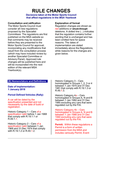 RULE CHANGES Decisions Taken at the Motor Sports Council That Affect Regulations in the MSA Yearbook