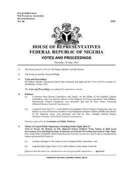 HOUSE of REPRESENTATIVES FEDERAL REPUBLIC of NIGERIA VOTES and PROCEEDINGS Thursday, 10 June, 2021