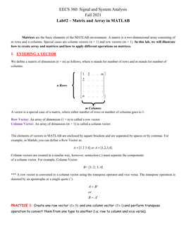 Signal and System Analysis Fall 2021 Lab#2 – Matrix and Array in MATLAB