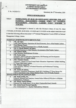 GOVERNMENT of Pakieeran CABINET SECRETARIAT ESTABLISHMENT DIVISION ***** F