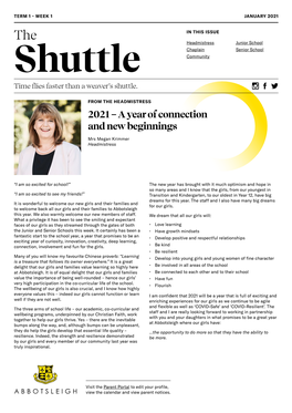 2021 – a Year of Connection and New Beginnings Mrs Megan Krimmer Headmistress