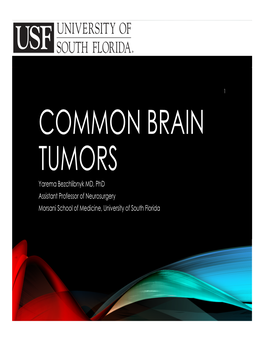 COMMON BRAIN TUMORS Yarema Bezchlibnyk MD, Phd Assistant Professor of Neurosurgery Morsani School of Medicine, University of South Florida 2