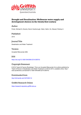 Drought and Desalination: Melbourne Water Supply and Development Choices in the Twenty-First Century