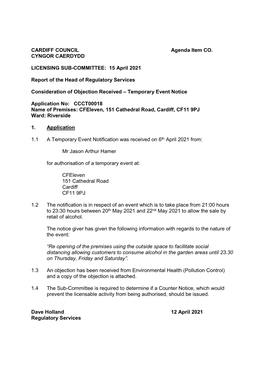 CARDIFF COUNCIL Agenda Item CO. CYNGOR CAERDYDD LICENSING