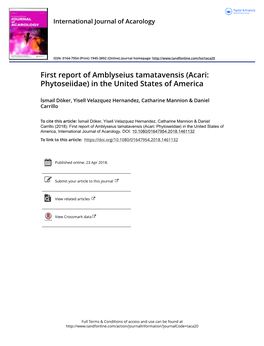 First Report of Amblyseius Tamatavensis (Acari: Phytoseiidae) in the United States of America