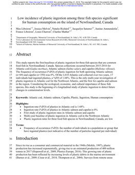 Low Incidence of Plastic Ingestion Among Three Fish Species Significant