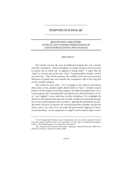 Reinventing Discovery: Patent Law’S Characterizations of and Interventions Upon Science