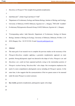1 Maculinea Or Phengaris? New Insights from Genitalia Morphometry