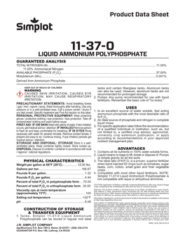 11-37-0 Liquid Ammonium Polyphosphate Guaranteed Analysis Total Nitrogen (N)