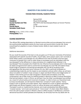 Music/Anthropology Course Number and Title: MU/ANTH 232 Soundscapes-Music As Human Practice Division: Lower Faculty Name: Dr