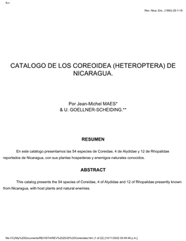 Catalogo De Los Coreoidea (Heteroptera) De Nicaragua