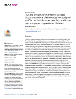 Computer-Assisted Discourse Analysis of References to Aboriginal and Torres Strait Islander People(S) and Issues in a Newspaper Corpus About Diabetes