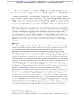 Rapid Antidepressant Effects of the Psychedelic Ayahuasca in Treatment-Resistant Depression: a Randomised Placebo-Controlled Trial