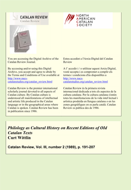 Philology As Cultural History on Recent Editions of Oid Catalan Texts Curt Wittlin