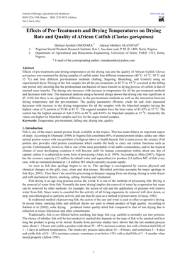 Effects of Pre-Treatments and Drying Temperatures on Drying Rate and Quality of African Catfish ( Clarias Gariepinus)