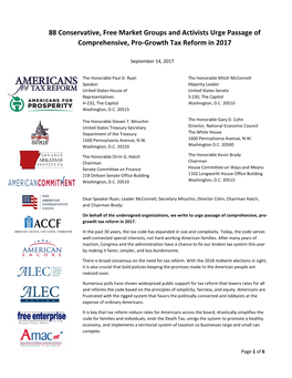 88 Conservative, Free Market Groups and Activists Urge Passage of Comprehensive, Pro-Growth Tax Reform in 2017