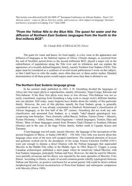 From the Yellow Nile to the Blue Nile. the Quest for Water and the Diffusion of Northern East Sudanic Languages from the Fourth to the First Millenia BCE