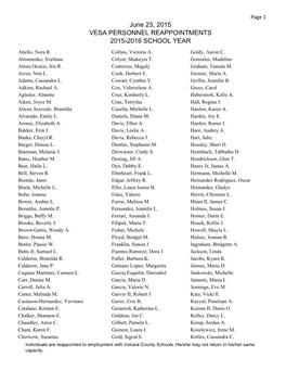 June 23, 2015 VESA PERSONNEL REAPPOINTMENTS 2015-2016 SCHOOL YEAR