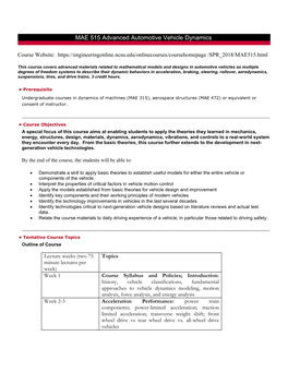 MAE 515 Advanced Vehicle Dynamics