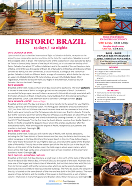 HISTORIC BRAZIL Surplus Single Room 13 Days / 12 Nights USD 726.- EUR 600