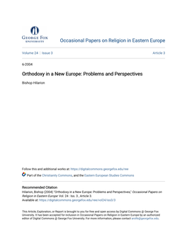 Orthodoxy in a New Europe: Problems and Perspectives