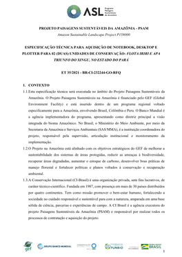 PROJETO PAISAGENS SUSTENTÁVEIS DA AMAZÔNIA - PSAM Amazon Sustainable Landscape Project P158000