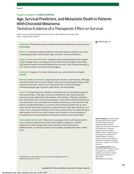 Age, Survival Predictors, and Metastatic Death in Patients with Choroidal Melanoma Tentative Evidence of a Therapeutic Effect on Survival