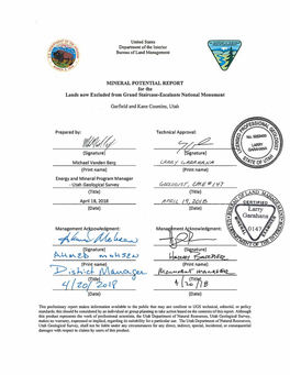 MINERAL POTENTIAL REPORT for the Lands Now Excluded from Grand Staircase-Escalante National Monument