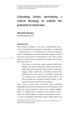 Developing a Critical Horology to Rethink the Potential of Clock Time’ in New Formations (Special Issue: Timing Transformations)