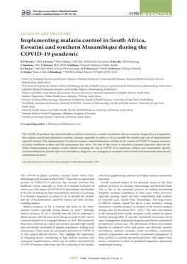 Implementing Malaria Control in South Africa, Eswatini and Southern Mozambique During the COVID-19 Pandemic