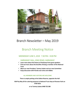 Branch Newsletter – May 2019 Branch Meeting Notice