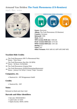 Armand Van Helden the Funk Phenomena (US-Remixes) Mp3, Flac, Wma