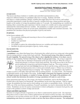 INVESTIGATING PENDULUMS University of California, Berkeley Adapted from FOSS “Swingers” Activity