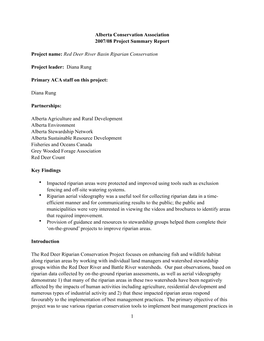 Alberta Conservation Association 2007/08 Project Summary Report Project Name: Red Deer River Basin Riparian Conservation Project