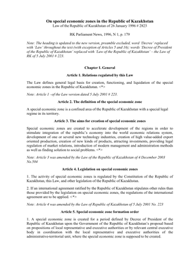 On Special Economic Zones in the Republic of Kazakhstan Law of the Republic of Kazakhstan of 26 January 1996 # 2823