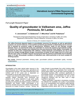 Quality of Groundwater in Valikamam Area, Jaffna Peninsula, Sri Lanka