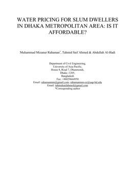 Water Pricing for Slum Dwellers in Dhaka Metropolitan Area: Is It Affordable?