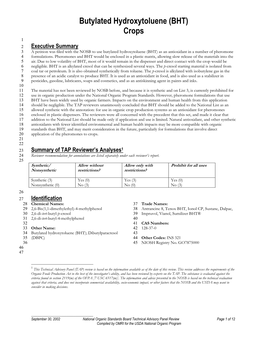 Butylated Hydroxytoluene (BHT) Crops